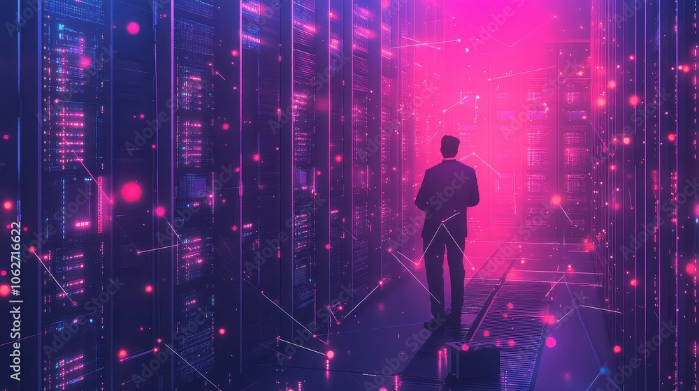 Poster technician managing server in data center generative ai image