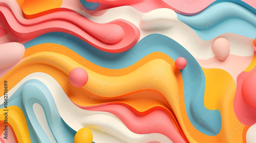 Poster a 3d rendered scene featuring a vibrant and playful arrangement of pastel colored abstract geometric