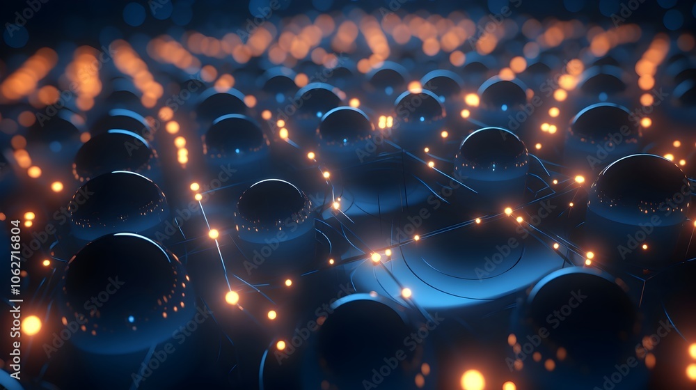 Poster stunning 3d visualisation of a grid of luminous spheres in various sizes perfect as a sleek and inno