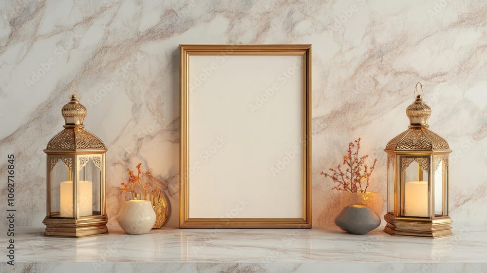 Canvas Prints a gold frame mockup with two lit lanterns and decorative vases on a marble surface.