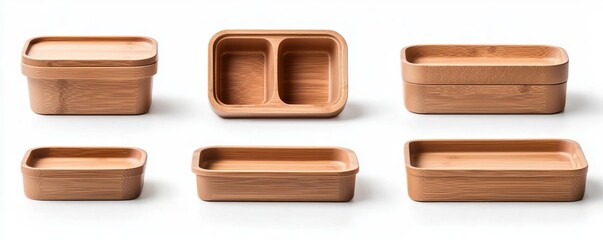 Naklejka premium Assorted bamboo lunch boxes in various shapes and sizes on a white background, perfect for eco-friendly meal storage.