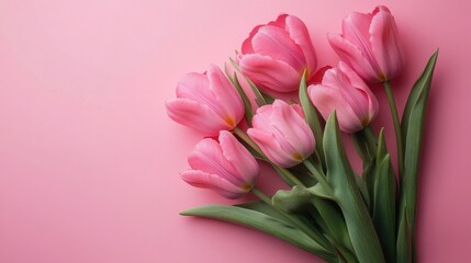 Obraz premium Pink tulips on pastel pink background, suitable for spring celebrations