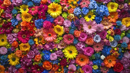 Multi-colored flower wall. Artistic and lively backdrop.