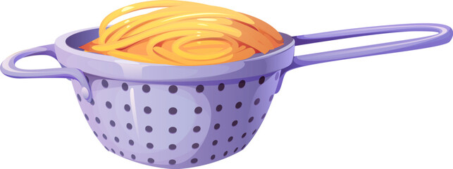 Pasta strainer with spaghetti for water draining and cooking process, vector icon. Colander or cullender and sieve or strainer for pasta, kitchen utensil or appliance for food preparation