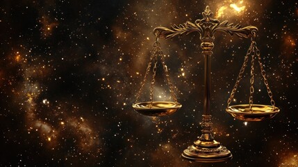 A golden scale of justice stands against a starry night sky, symbolizing balance and cosmic order.