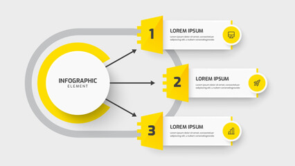 Business Central Circle Infographic Template with Yellow Color, Abstract Design, Line ,3 Numbers and Icon. Suitable for Process Diagram, Presentations, Workflow Layout, Banner, Flow Chart