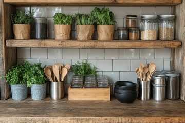 Fototapeta premium Eco-friendly tools: essential wooden utensils designed for sustainable kitchens, inviting and green culinary space that highlights importance of reducing plastic waste, embracing natural alternatives.