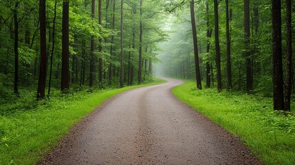 Obraz premium Ethereal mist background in a forest path at dawn