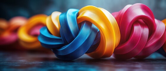 Colorful Rubber Bands Intertwined, vibrant display of adaptability and teamwork, intricate details showcasing unity and collaboration