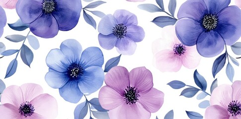 Seamless floral pattern, pastel pink purple flowers blooming. Vector nature illustration in vintage watercolor style on a light white background