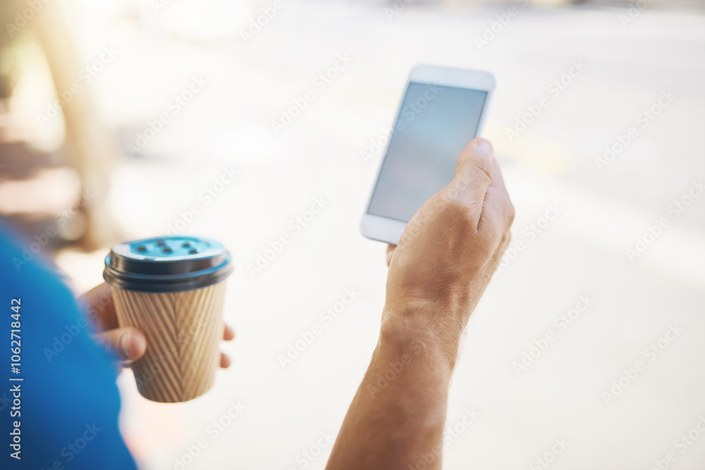 Poster man, hands and coffee with phone screen in city for travel, commute or navigation on transport app. 