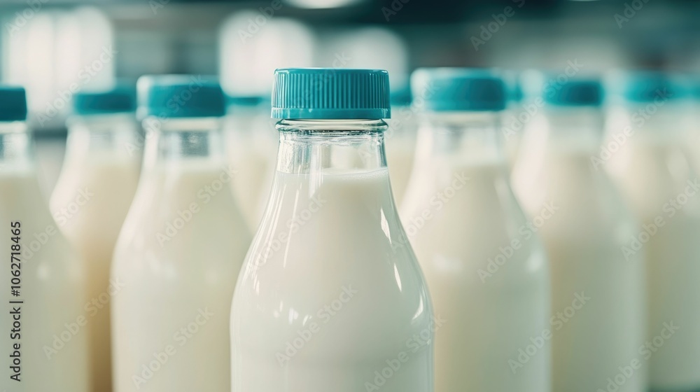 Poster freshly produced milk being bottled on an automated assembly line at a farm with a blurred backgroun