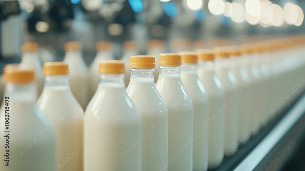 Poster freshly produced milk being bottled and packaged on an automated assembly line at a farm with a shal