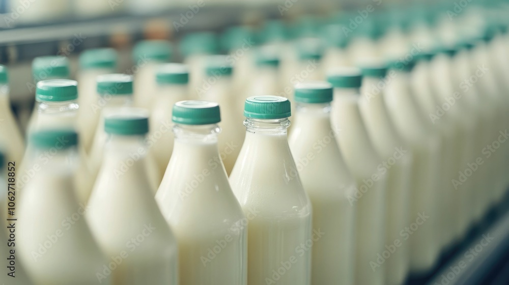 Poster closeup view of a small scale dairy farm s production line showcasing the process of milk bottles be