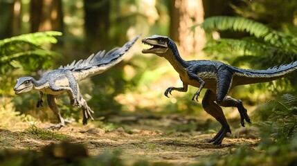 Fototapeta premium Realistic Velociraptors in Sunlit Forest Scene