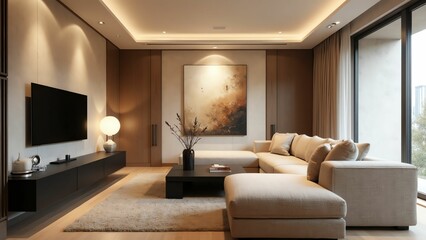 Sophisticated and Cozy Living Room with Warm Lighting and Abstract Art