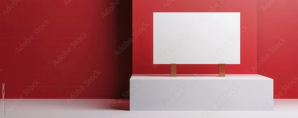 Poster a minimalist display featuring a blank canvas on a white pedestal against a striking red wall, empha