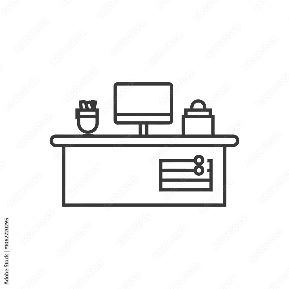 Aufkleber line drawing of a desktop with a computer monitor a vase and a stack of papers