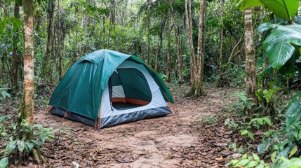 Green Tent Set in Lush Forest Landscape