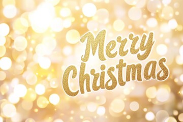 Bright gold lettering "Merry Christmas" on a golden bokeh background.