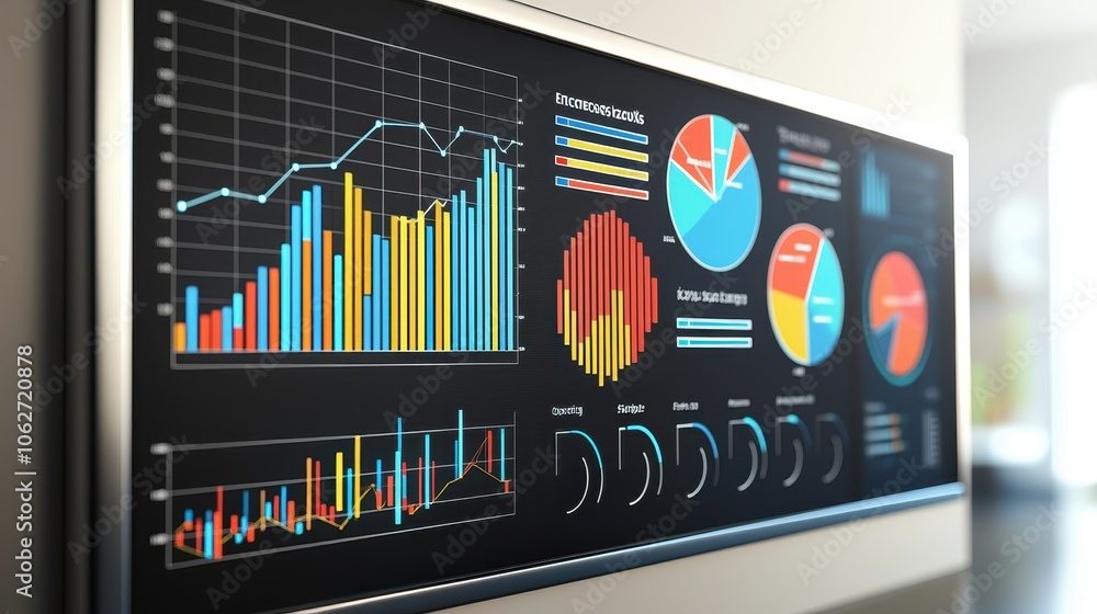 Poster a modern digital display featuring colorful graphs and charts, visualizing data through various anal