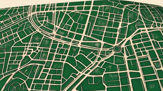 A detailed map of a city with green parks and white roads