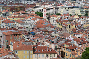 Nice, France and its beach on a sunny summer day in September.