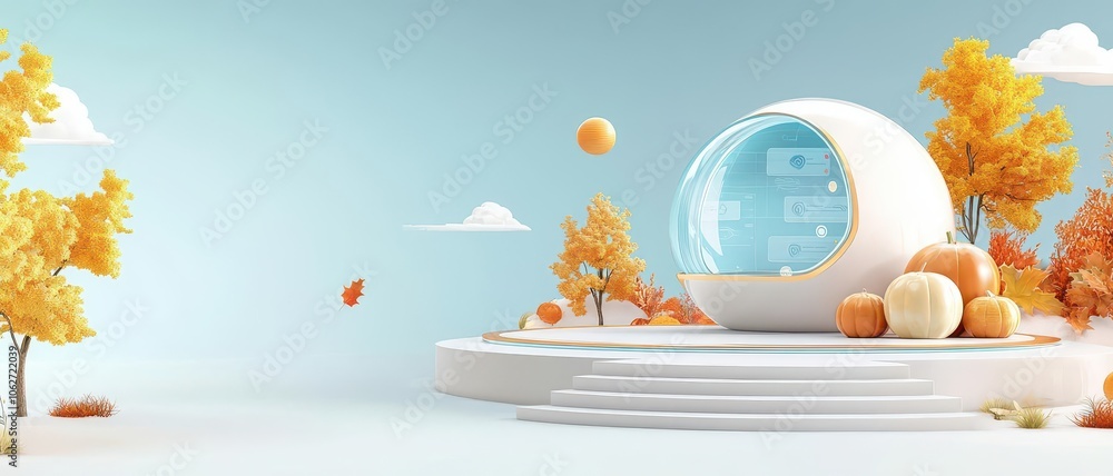 Aufkleber futuristic technology setup with autumn trees and a circular display.