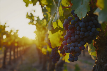 Bunch of fresh red grapes hang on the grapes tree, vine yard.