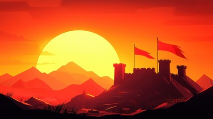 Obraz premium A bold silhouette of a castle against a vibrant sunset, featuring mountains in the background and flags fluttering in the warm, colorful sky.