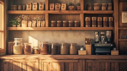 Cozy Wooden Kitchen with Jars and Coffee Machine