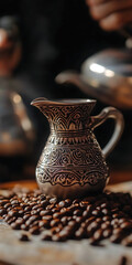 A Close-Up of a Beautifully Crafted Turkish Coffee Pot with Intricate Designs and Scattered Brown Coffee Beans on the Table. Blurred Background Shows Motion of a Second Silver Coffee Pot