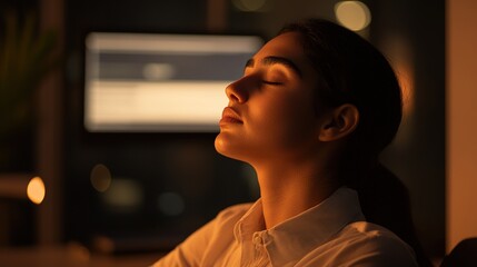 Fototapeta premium woman sitting at desk with head tilted back, eyes closed, and mouth slightly open, appearing to fall asleep during workday. Tired office worker amidst stress and fatigue in typical office