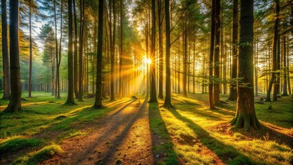 Fototapeta premium Evening in the forest with warm golden light casting long shadows across the forest floor and trees, evening, forest