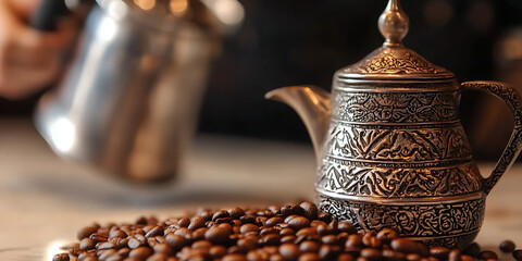 A Close-Up of an Intricately Designed Turkish Coffee Pot Surrounded by Loose Brown Coffee Beans on a Table. The Metalwork Features Detailed Patterns, with a Blurred Background of Another Silver Coffee