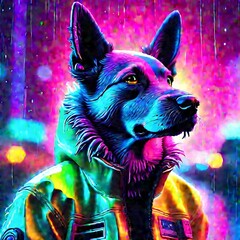  The image depicts a colorful and vibrant digital artwork of a dog wearing a raincoat, standing in a rain-soaked urban setting at night.