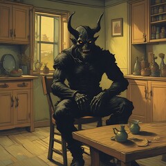  A demonic figure sits at a wooden table, writing in a journal. The image is painted in a realistic style with a warm color palette.