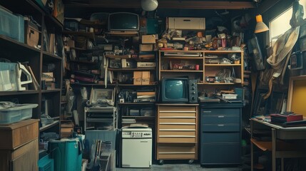 A cluttered workshop or garage space with shelves filled with tools, electronics, and other items.