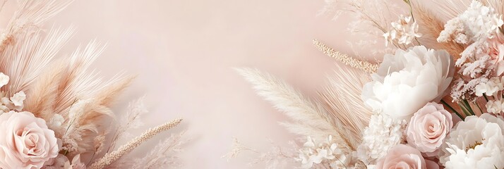 Modern beige and blush trendy design banner. Pastel pampas grass, fern, white peony, pale magnolia, ranunculus, pink rose. Watercolor brush texture.Wedding boho card. Generative Ai