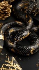 Fototapeta premium Black snake on Christmas gifts in black and gold colors. Premium Christmas and Lunar New Year vertical background