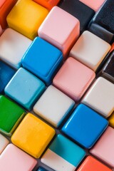 A close-up of colorful cubes, arranged in an abstract pattern, creating a visually appealing and playful composition. The cubes have different colors.