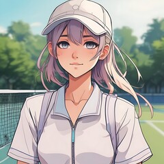  The image shows a female tennis player in a white shirt and a white cap, standing on a tennis court with a sunset in the background.