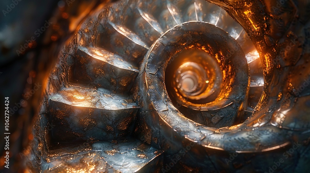 Poster a close-up view of a spiraling, metallic shell structure with glowing elements.
