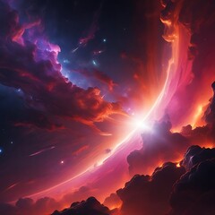  The image depicts a vivid sunset with radiant clouds and a bright orange and yellow hue.