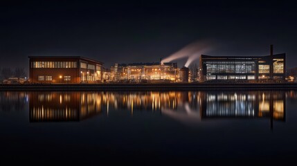 Obraz premium A panoramic view of a modern industrial complex at night, with the lights reflected in the water.