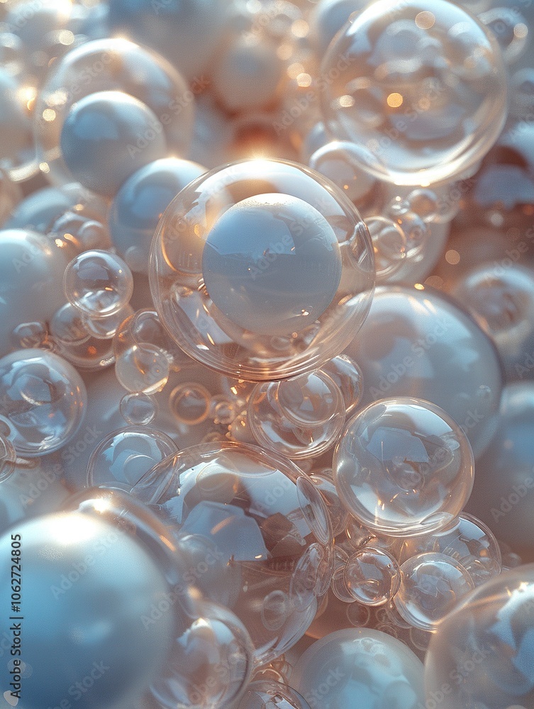 Poster a close-up view of translucent bubbles reflecting light in a soft, dreamy composition.
