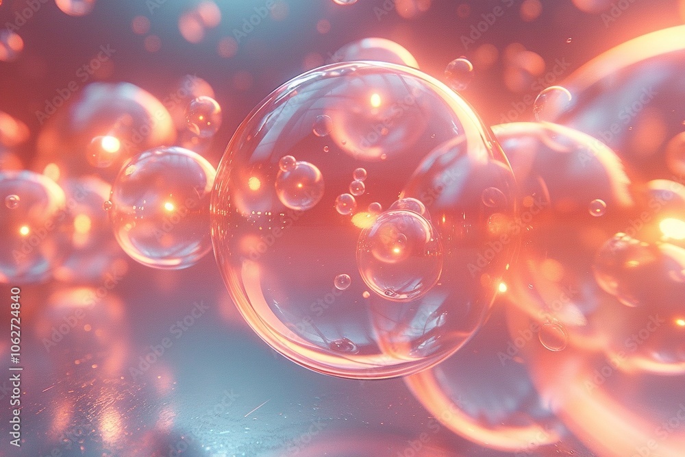 Poster a close-up view of translucent bubbles with a glowing effect in a dreamy atmosphere.