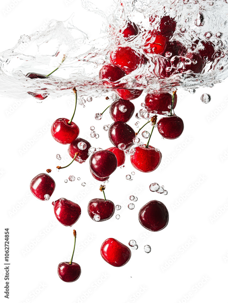 Poster cherries floating in the air, isolated on transparent background