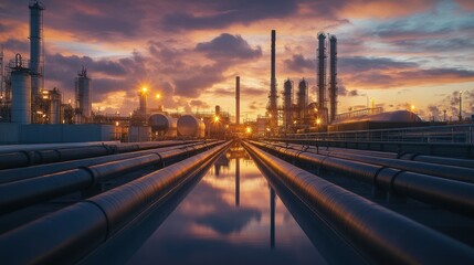 Industrial complex at sunset, with pipelines and tanks reflecting in the water.
