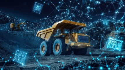 A yellow mining truck sits in a quarry at night with digital data and network connections around it.